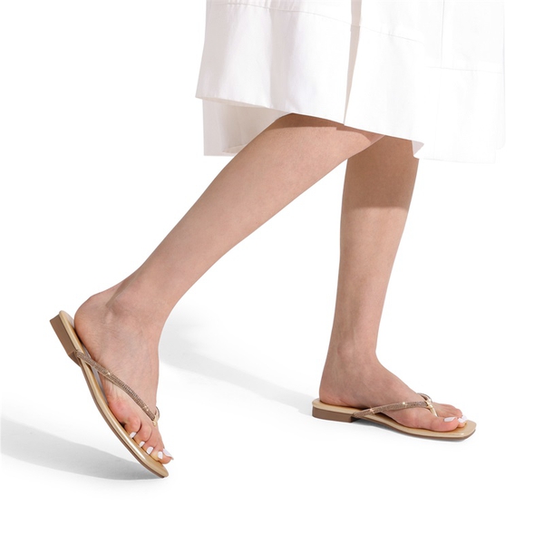 Square Toe Rhinestones Flip Flops - GOLD - 1