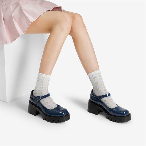 Platform Round Toe Ankle Strap Pumps - NAVY - 1