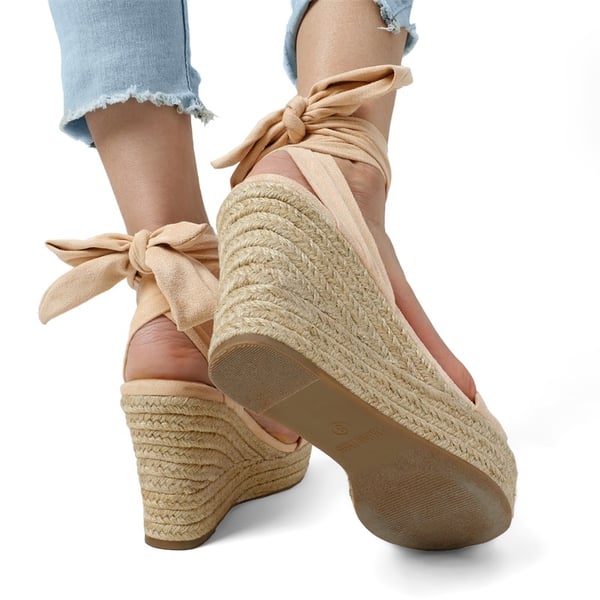Espadrilles Ankle Tie Lace Up Platform Wedges - NUDE - 4