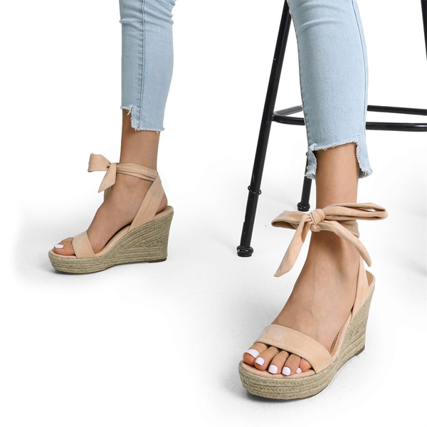 Espadrilles Ankle Tie Lace Up Platform Wedges - NUDE - 2
