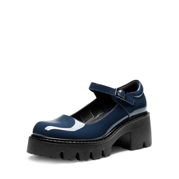 Platform Round Toe Ankle Strap Pumps - NAVY -  0