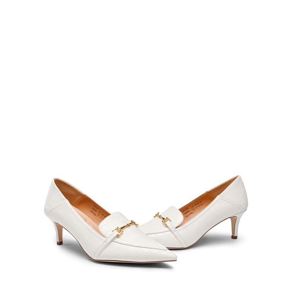 Horsebit Detail Pointed Toe Kitten Heel Pumps - WHITE STONE - 2