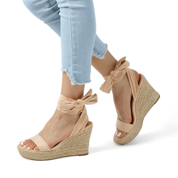 Espadrilles Ankle Tie Lace Up Platform Wedges - NUDE - 3