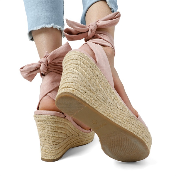 Espadrilles Ankle Tie Lace Up Platform Wedges - PINK - 4