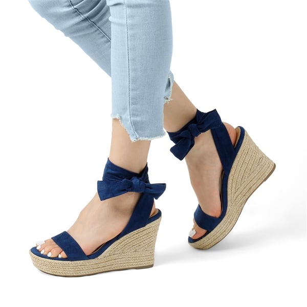 Espadrilles Ankle Tie Lace Up Platform Wedges - NAVY - 4