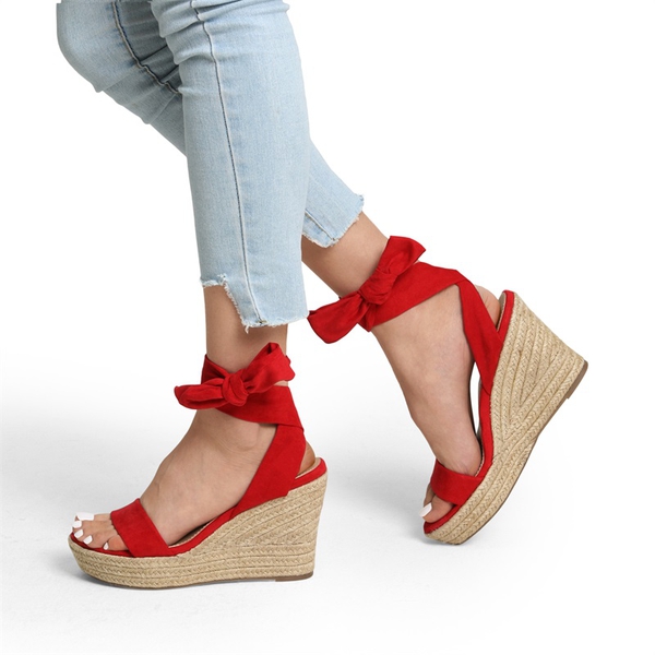 Espadrilles Ankle Tie Lace Up Platform Wedges - RED - 3