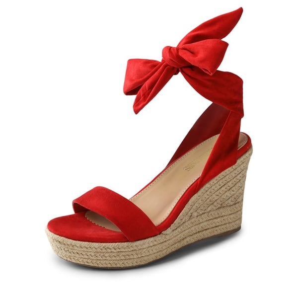 Espadrilles Ankle Tie Lace Up Platform Wedges - RED -  0