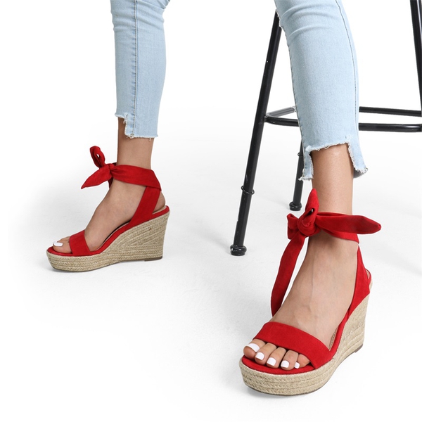 Espadrilles Ankle Tie Lace Up Platform Wedges - RED - 2