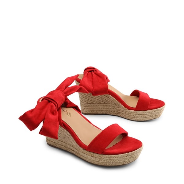 Espadrilles Ankle Tie Lace Up Platform Wedges - RED - 1