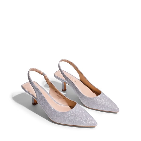 Pointed Toe Slingback Kitten Heel Pumps - SILVER GLITTER - 3