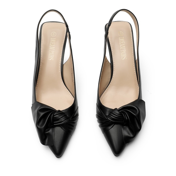 Bowknot Slingback Pointed Toe Kitten Heel Pumps - BLACK PU - 3