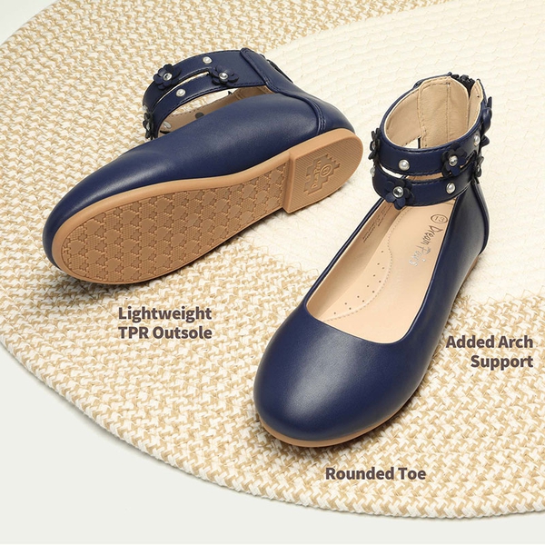 Girls Pearls Flowers Ankle Strap Ballet Flats - NAVY - 4