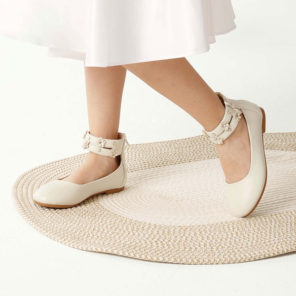 Girls Pearls Flowers Ankle Strap Ballet Flats - IVORY - 1