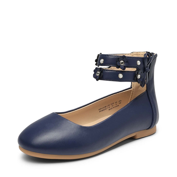 Girls Pearls Flowers Ankle Strap Ballet Flats - NAVY -  0