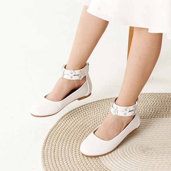 Girls Pearls Flowers Ankle Strap Ballet Flats - WHITE - 1
