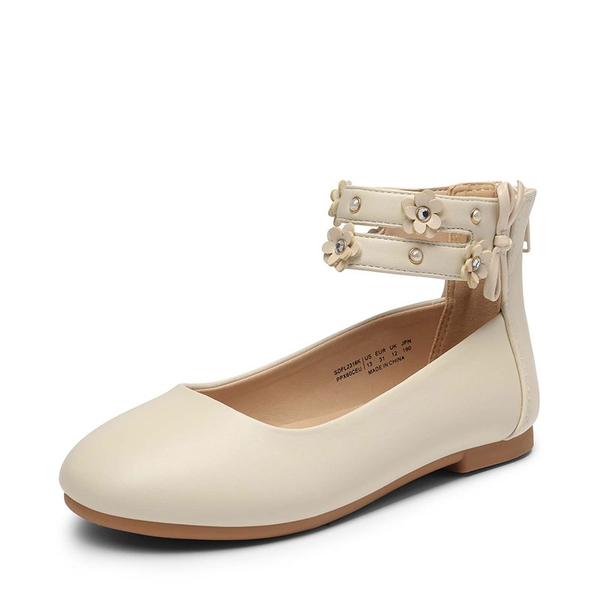 Girls Pearls Flowers Ankle Strap Ballet Flats - IVORY -  0