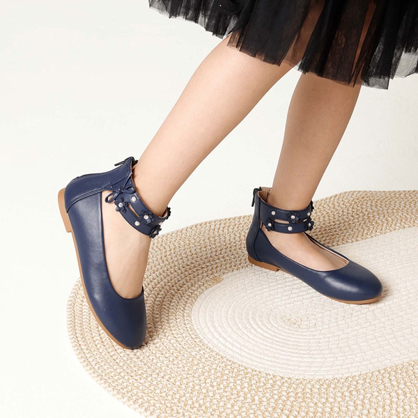 Girls Pearls Flowers Ankle Strap Ballet Flats - NAVY - 1