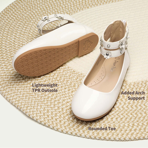 Girls Pearls Flowers Ankle Strap Ballet Flats - WHITE - 4