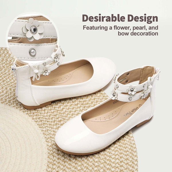 Girls Pearls Flowers Ankle Strap Ballet Flats - WHITE - 2