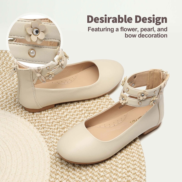 Girls Pearls Flowers Ankle Strap Ballet Flats - IVORY - 2