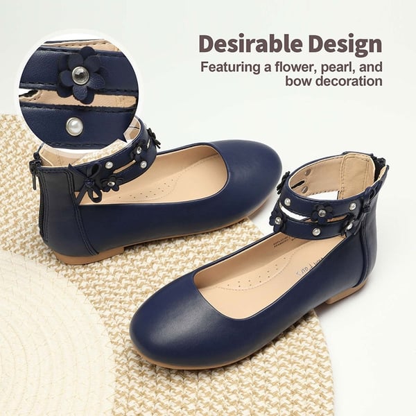 Girls Pearls Flowers Ankle Strap Ballet Flats - NAVY - 2