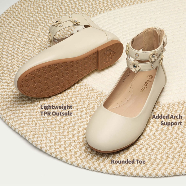 Girls Pearls Flowers Ankle Strap Ballet Flats - IVORY - 4