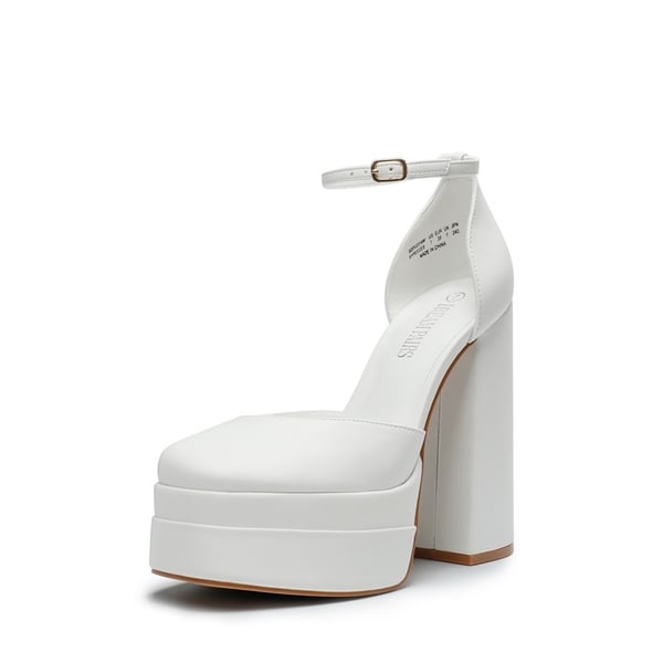 High Chunky Square Toe Ankle Strap Platform Pumps - WHITE -  0