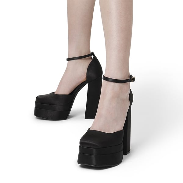 High Chunky Square Toe Ankle Strap Platform Pumps - BLACK SATIN - 1