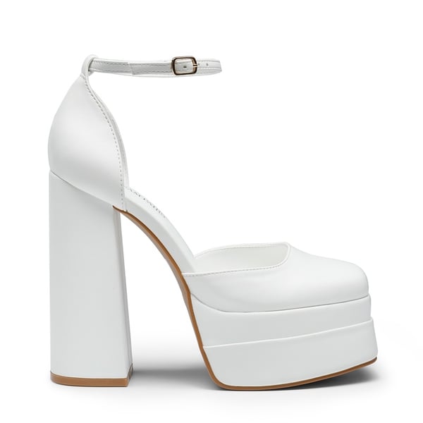 High Chunky Square Toe Ankle Strap Platform Pumps - WHITE - 2