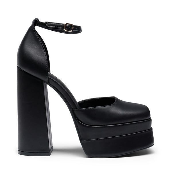High Chunky Square Toe Ankle Strap Platform Pumps - BLACK - 2
