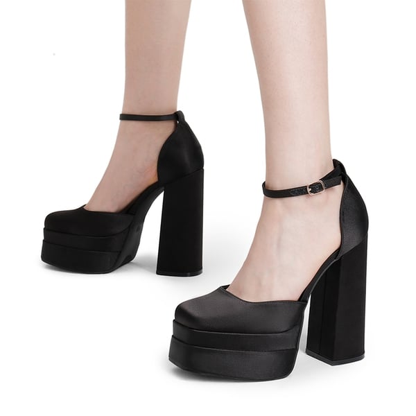 High Chunky Square Toe Ankle Strap Platform Pumps - BLACK SATIN - 4