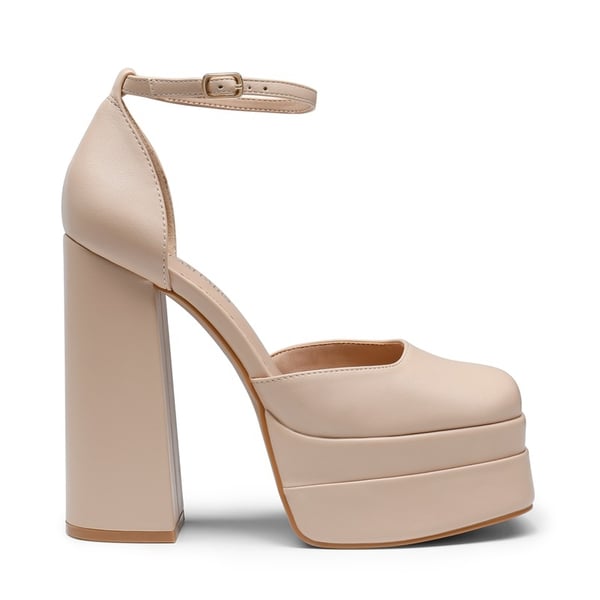 High Chunky Square Toe Ankle Strap Platform Pumps - NUDE - 2