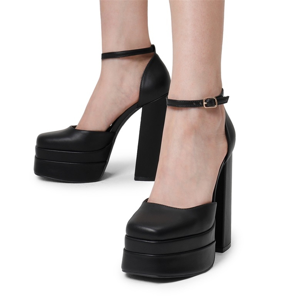 High Chunky Square Toe Ankle Strap Platform Pumps - BLACK - 1