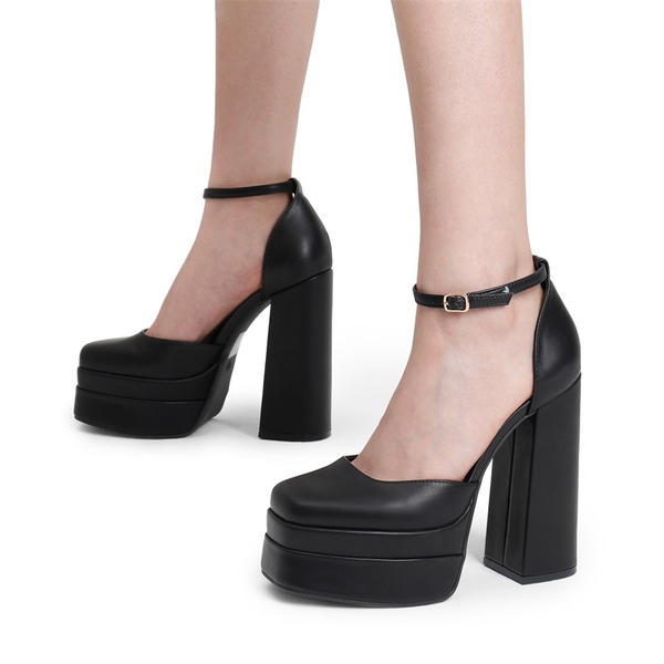 High Chunky Square Toe Ankle Strap Platform Pumps - BLACK - 4