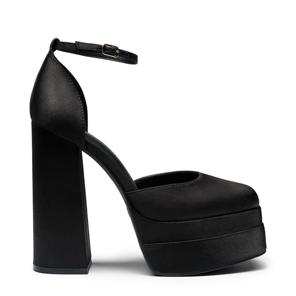 High Chunky Square Toe Ankle Strap Platform Pumps - BLACK SATIN - 2