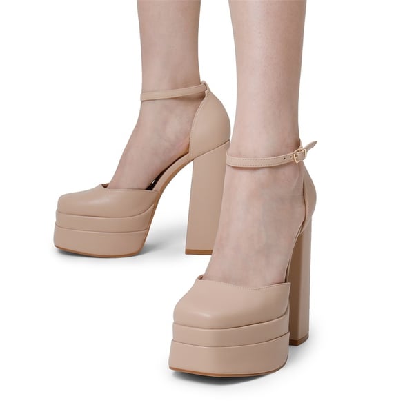 High Chunky Square Toe Ankle Strap Platform Pumps - NUDE - 1