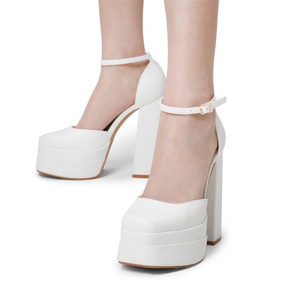 High Chunky Square Toe Ankle Strap Platform Pumps - WHITE - 1