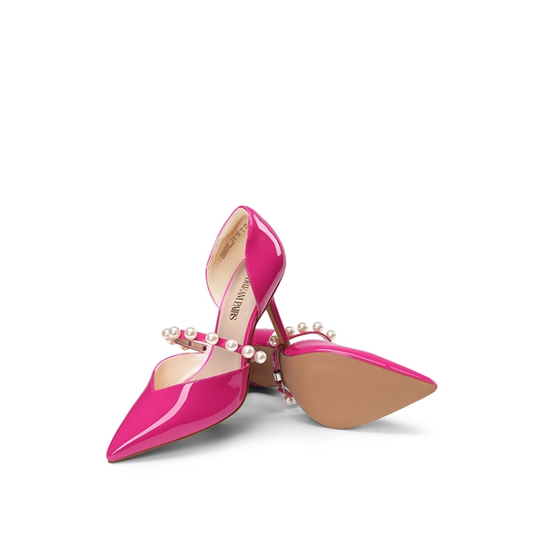 Pearl Straps Pointed Toe Stiletto Heel Pumps - HOT PINK - 5
