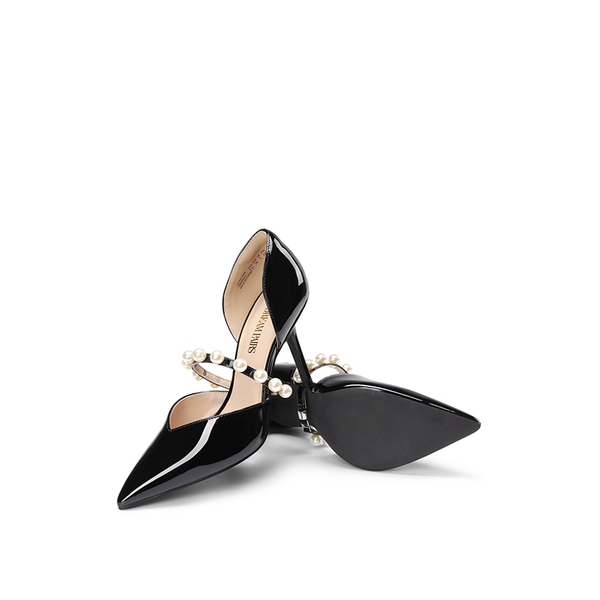Pearl Straps Pointed Toe Stiletto Heel Pumps - BLACK - 4