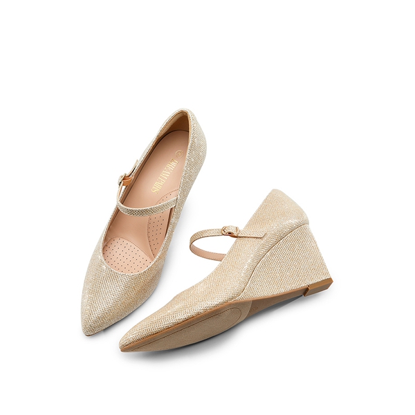 Mary Jane Strap Wedge Pumps - GOLD GLITTER - 4