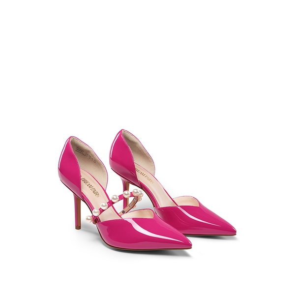 Pearl Straps Pointed Toe Stiletto Heel Pumps - HOT PINK - 3