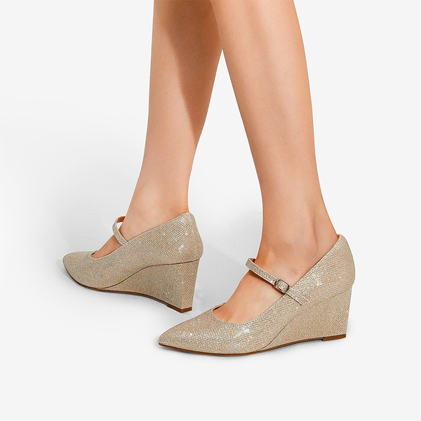 Mary Jane Strap Wedge Pumps - GOLD GLITTER - 2