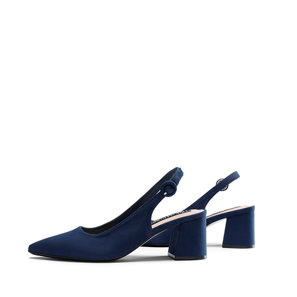 Pointed Toe Slingback Block Heel Pumps - NAVY - 2