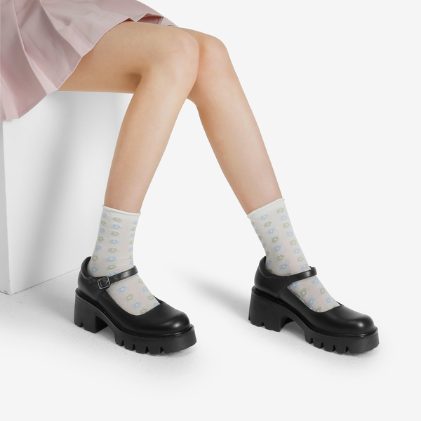Chunky Platform Mary Janes Buckle Strap Pumps - BLACK PU - 1