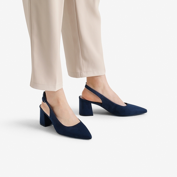 Pointed Toe Slingback Block Heel Pumps - NAVY - 1