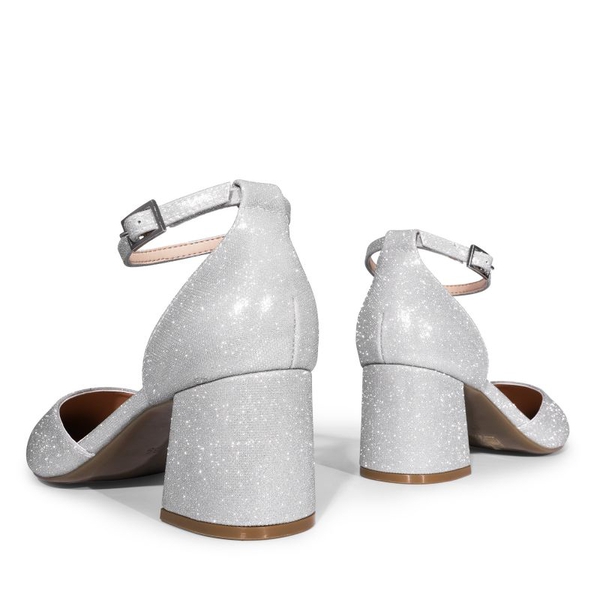 Pointed Toe Block Heel Ankle Strap Pumps - SILVER - 4