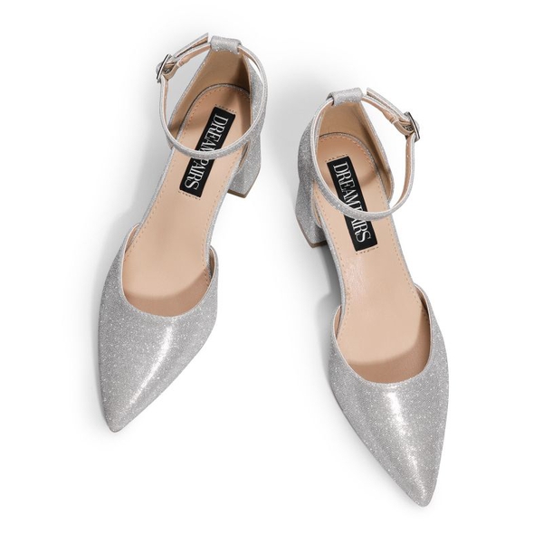 Pointed Toe Block Heel Ankle Strap Pumps - SILVER - 3