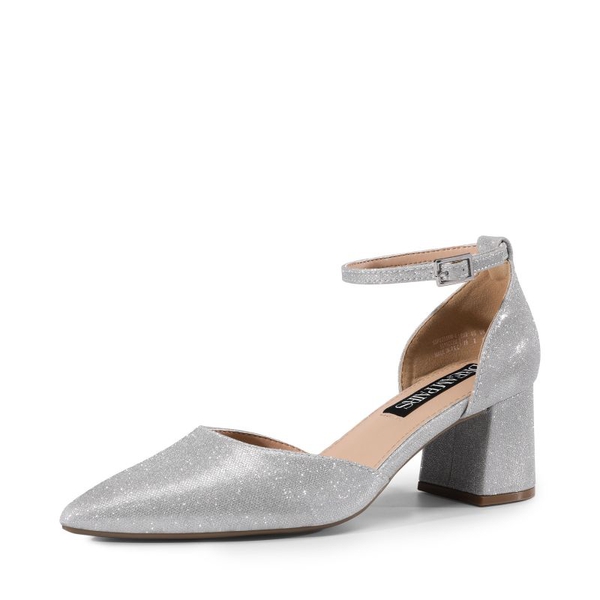 Pointed Toe Block Heel Ankle Strap Pumps - SILVER -  0