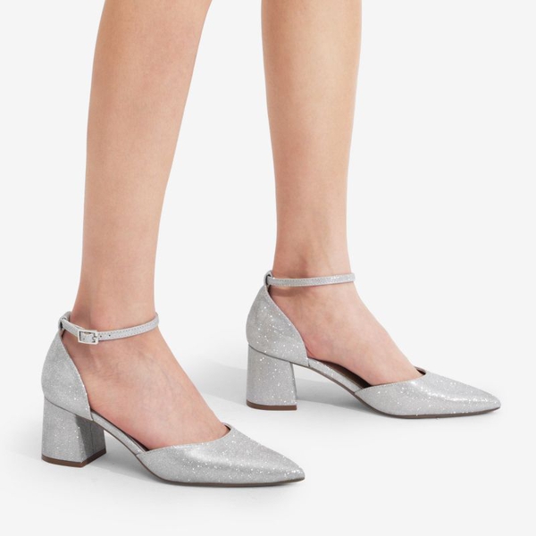 Pointed Toe Block Heel Ankle Strap Pumps - SILVER - 1