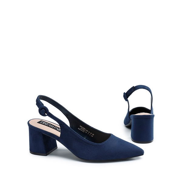 Pointed Toe Slingback Block Heel Pumps - NAVY - 3